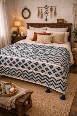 HandWoven Dark Turquoise Throw Blanket Geometric  Contemporary Diamond Tassels